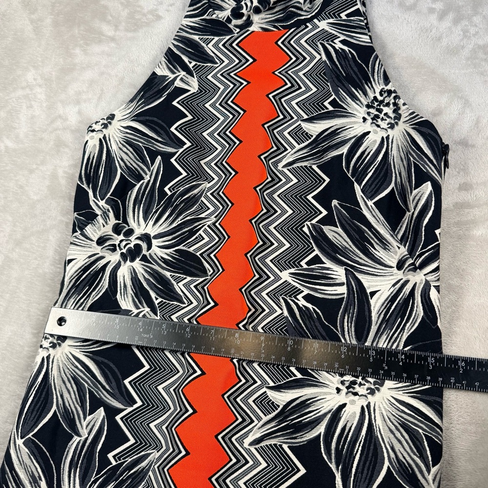 Milly Black White Floral Shift Dress Orange Accent High Neck Size 2 Made USA - Picture 9 of 11